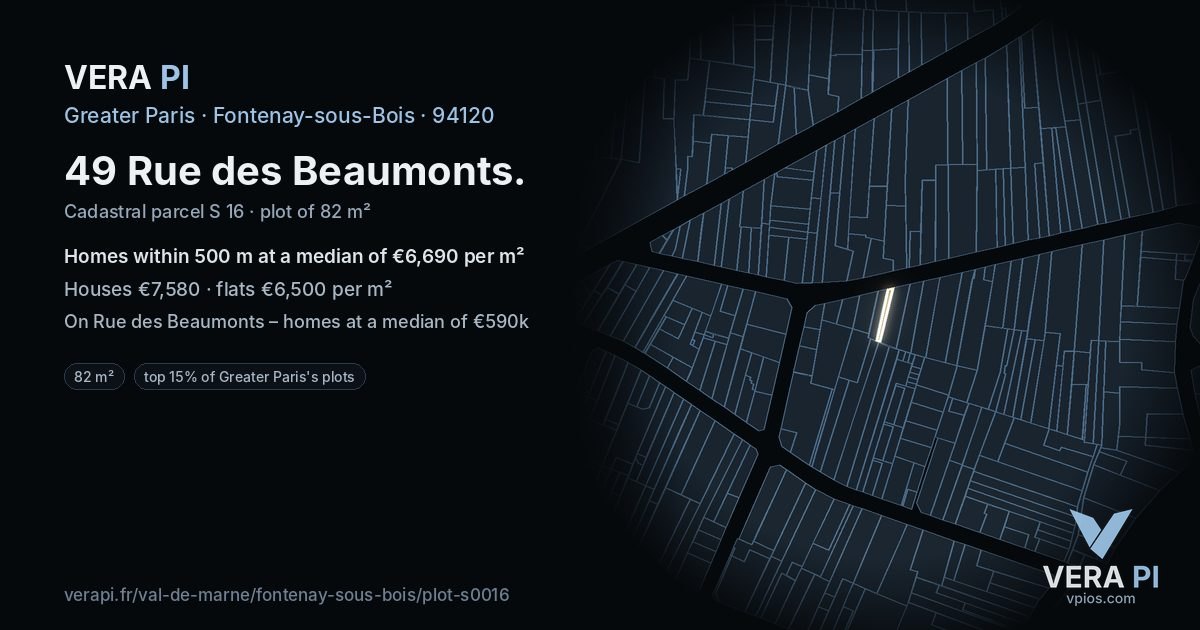 49 Rue des Beaumonts, Fontenay-sous-Bois at night – the plot lit, the parcels around coloured by the prices near them