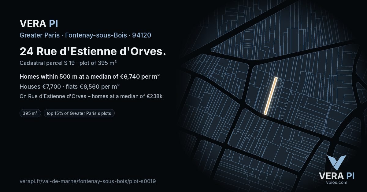 24 Rue d'Estienne d'Orves, Fontenay-sous-Bois at night – the plot lit, the parcels around coloured by the prices near them