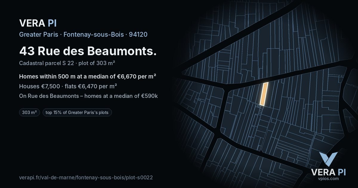 43 Rue des Beaumonts, Fontenay-sous-Bois at night – the plot lit, the parcels around coloured by the prices near them