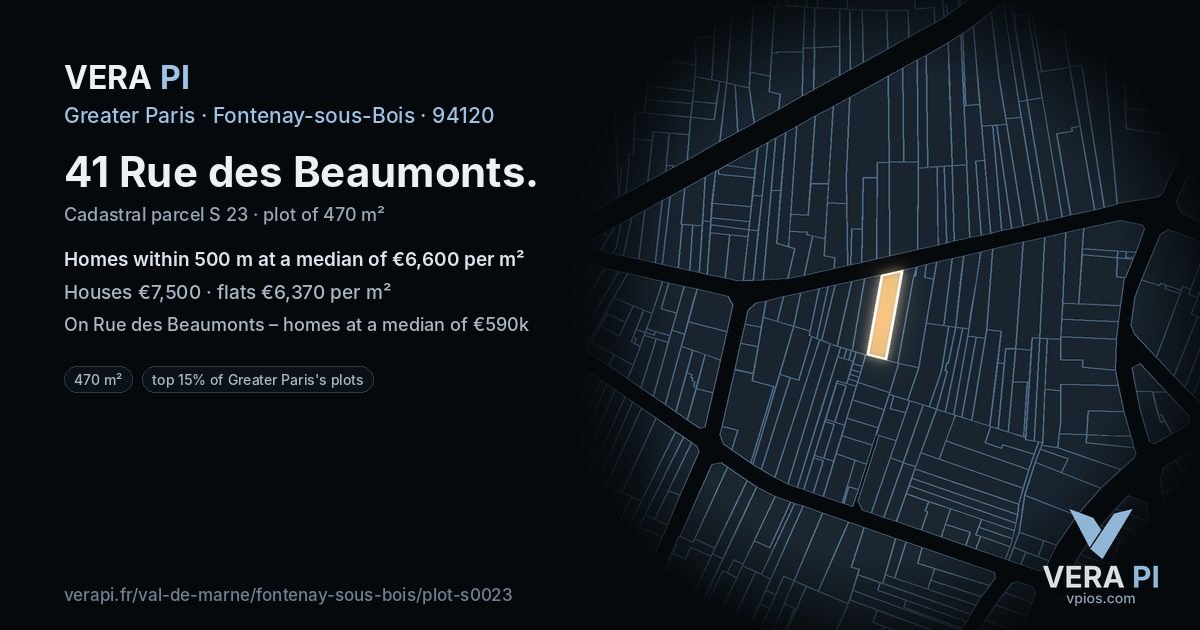 41 Rue des Beaumonts, Fontenay-sous-Bois at night – the plot lit, the parcels around coloured by the prices near them