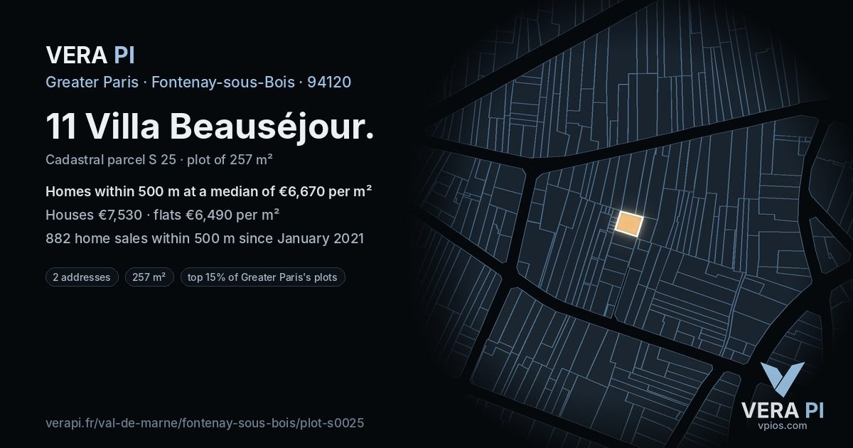 11 Villa Beauséjour, Fontenay-sous-Bois at night – the plot lit, the parcels around coloured by the prices near them