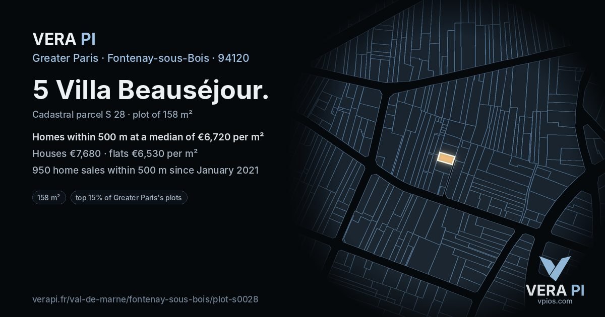 5 Villa Beauséjour, Fontenay-sous-Bois at night – the plot lit, the parcels around coloured by the prices near them