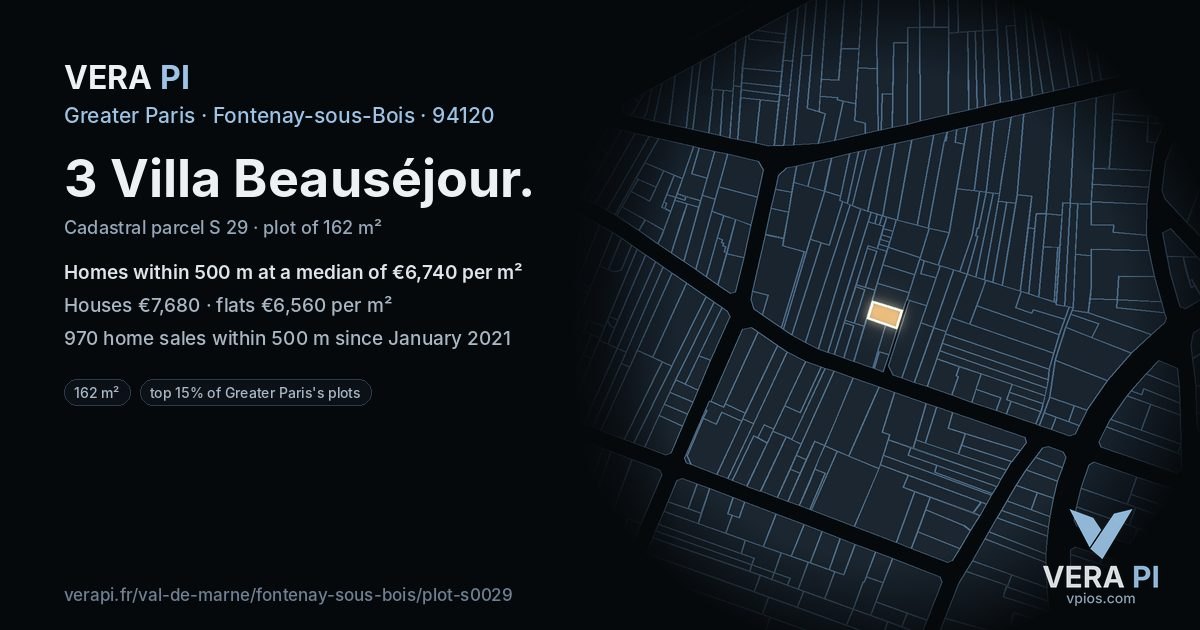3 Villa Beauséjour, Fontenay-sous-Bois at night – the plot lit, the parcels around coloured by the prices near them