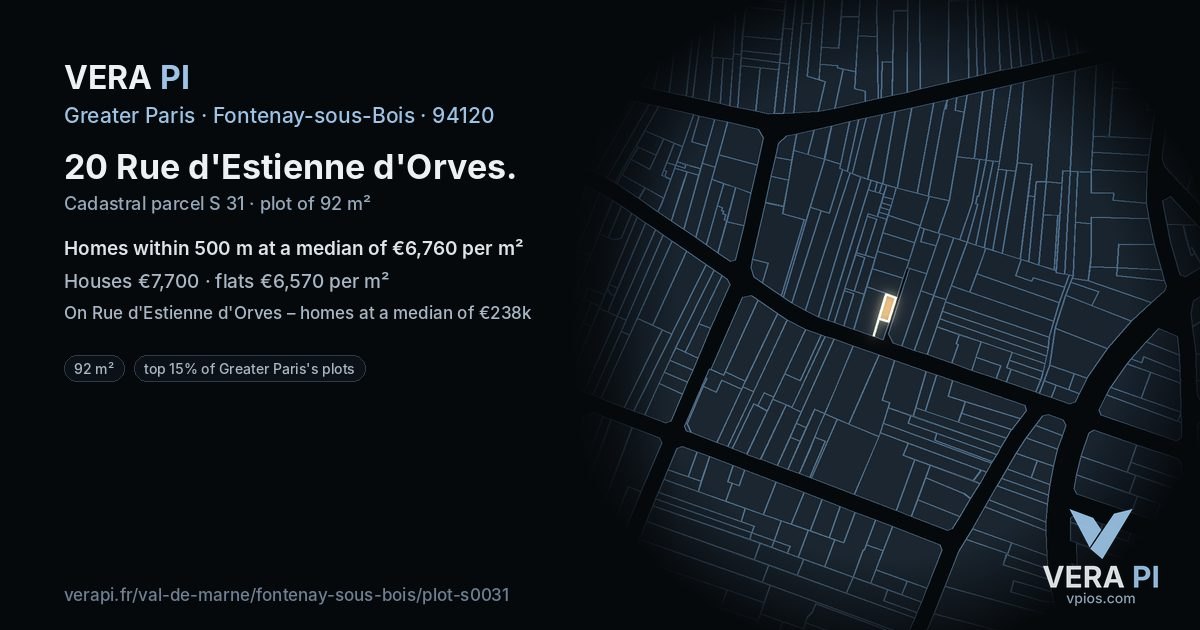 20 Rue d'Estienne d'Orves, Fontenay-sous-Bois at night – the plot lit, the parcels around coloured by the prices near them