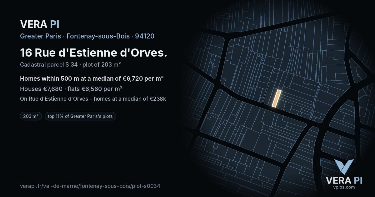 16 Rue d'Estienne d'Orves, Fontenay-sous-Bois at night – the plot lit, the parcels around coloured by the prices near them