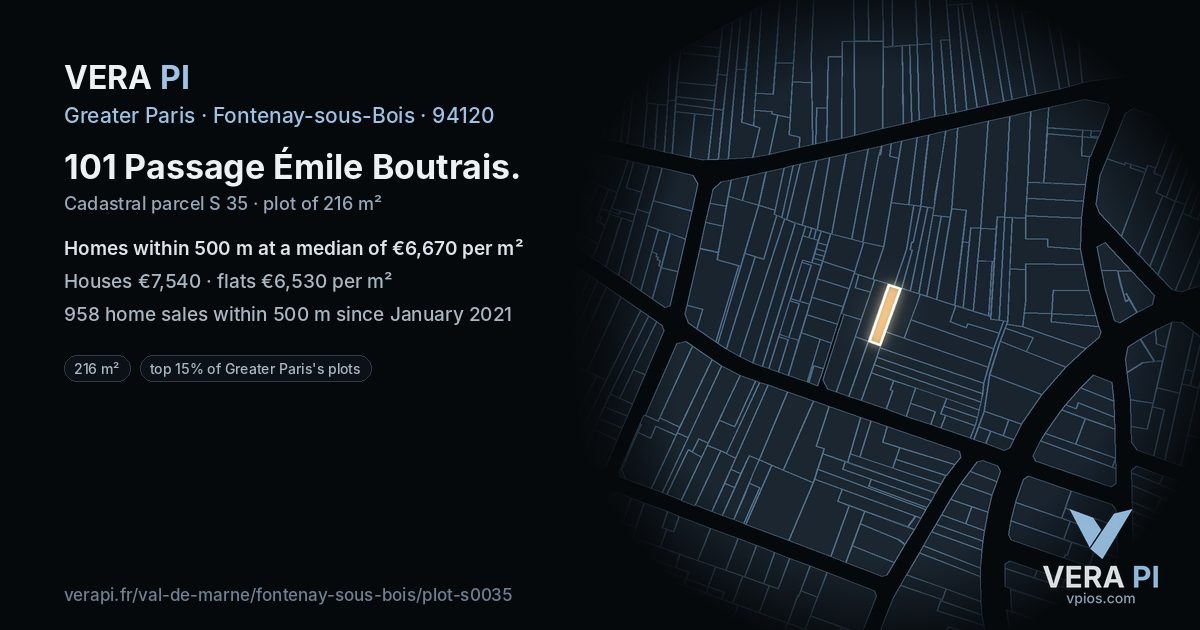 101 Passage Émile Boutrais, Fontenay-sous-Bois at night – the plot lit, the parcels around coloured by the prices near them