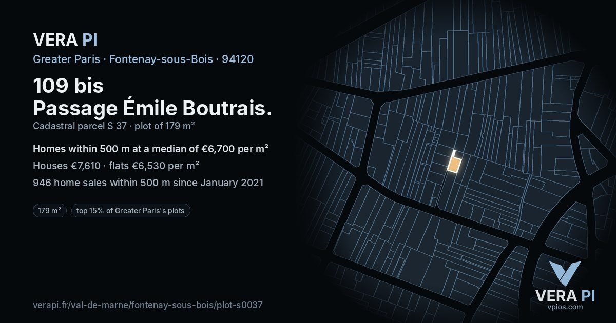 109 bis Passage Émile Boutrais, Fontenay-sous-Bois at night – the plot lit, the parcels around coloured by the prices near them