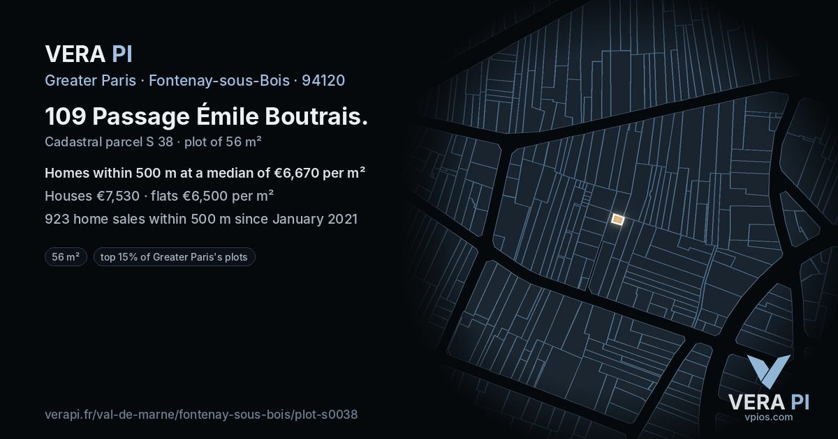 109 Passage Émile Boutrais, Fontenay-sous-Bois at night – the plot lit, the parcels around coloured by the prices near them