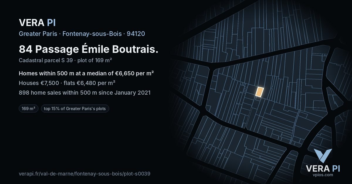 84 Passage Émile Boutrais, Fontenay-sous-Bois at night – the plot lit, the parcels around coloured by the prices near them
