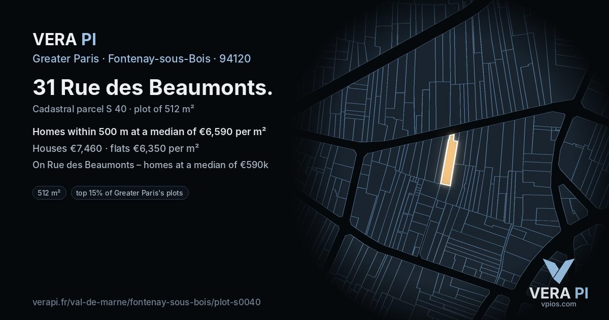 31 Rue des Beaumonts, Fontenay-sous-Bois at night – the plot lit, the parcels around coloured by the prices near them