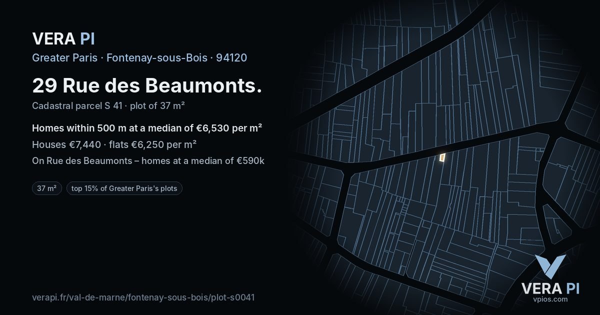 29 Rue des Beaumonts, Fontenay-sous-Bois at night – the plot lit, the parcels around coloured by the prices near them