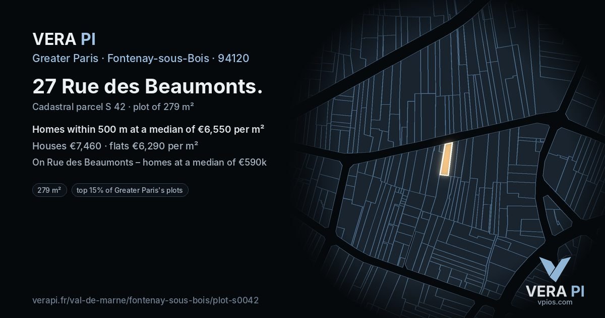27 Rue des Beaumonts, Fontenay-sous-Bois at night – the plot lit, the parcels around coloured by the prices near them