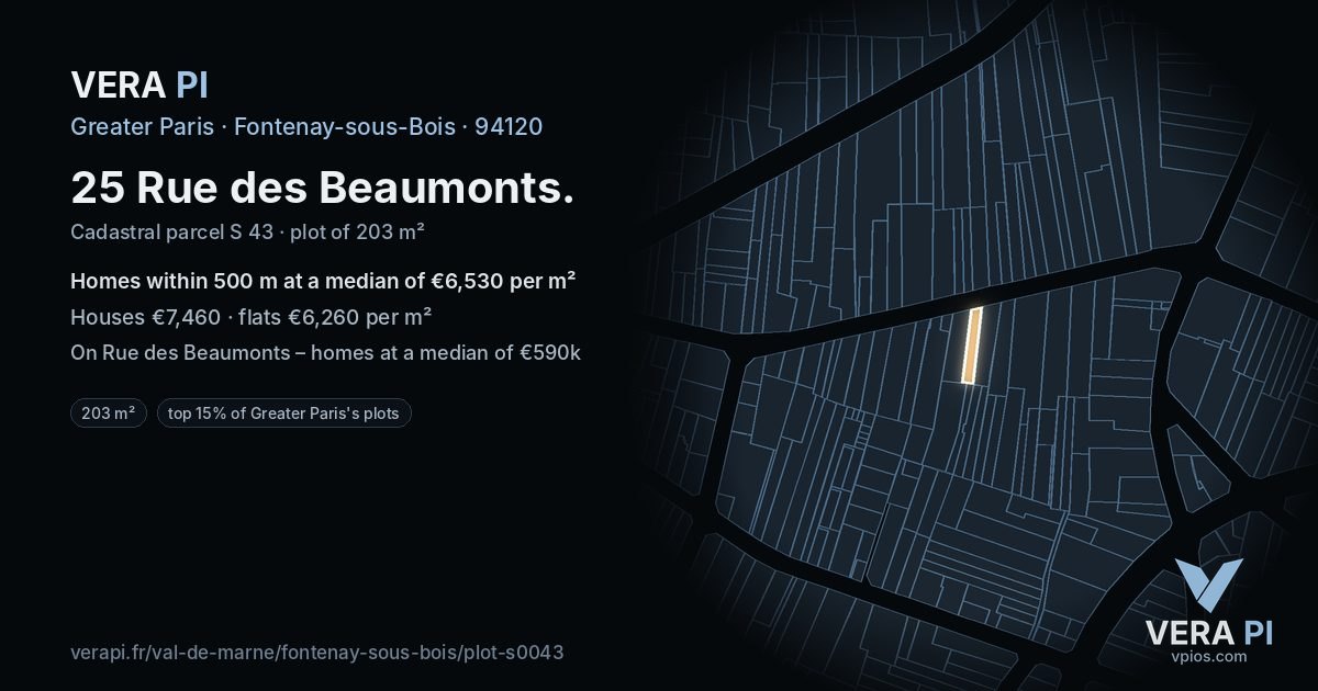 25 Rue des Beaumonts, Fontenay-sous-Bois at night – the plot lit, the parcels around coloured by the prices near them