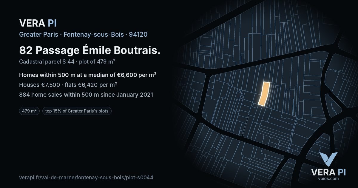 82 Passage Émile Boutrais, Fontenay-sous-Bois at night – the plot lit, the parcels around coloured by the prices near them