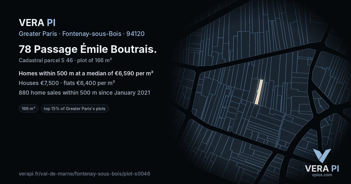 78 Passage Émile Boutrais, Fontenay-sous-Bois at night – the plot lit, the parcels around coloured by the prices near them