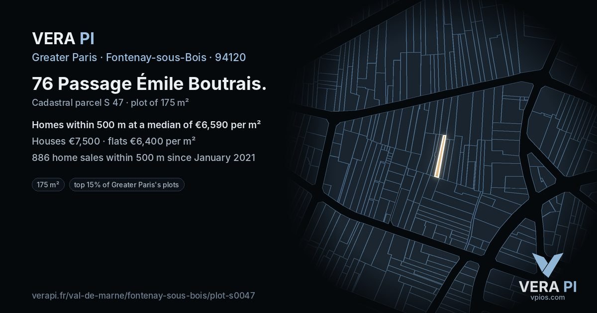 76 Passage Émile Boutrais, Fontenay-sous-Bois at night – the plot lit, the parcels around coloured by the prices near them