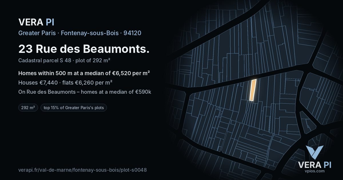 23 Rue des Beaumonts, Fontenay-sous-Bois at night – the plot lit, the parcels around coloured by the prices near them