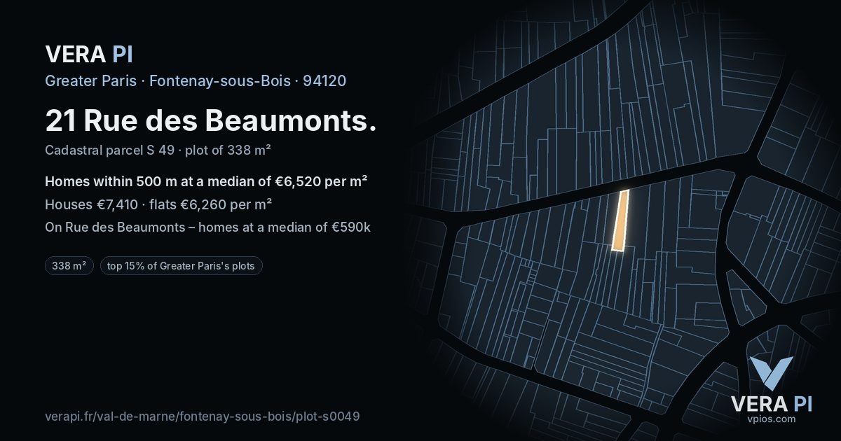 21 Rue des Beaumonts, Fontenay-sous-Bois at night – the plot lit, the parcels around coloured by the prices near them