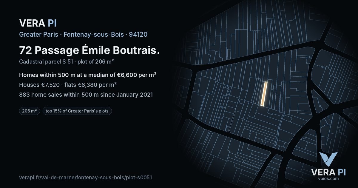 72 Passage Émile Boutrais, Fontenay-sous-Bois at night – the plot lit, the parcels around coloured by the prices near them