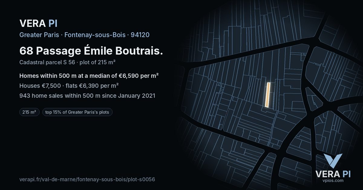 68 Passage Émile Boutrais, Fontenay-sous-Bois at night – the plot lit, the parcels around coloured by the prices near them