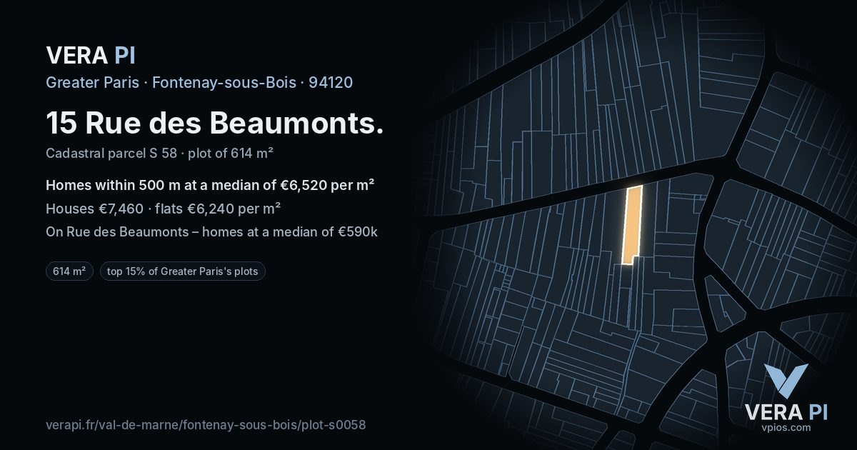 15 Rue des Beaumonts, Fontenay-sous-Bois at night – the plot lit, the parcels around coloured by the prices near them