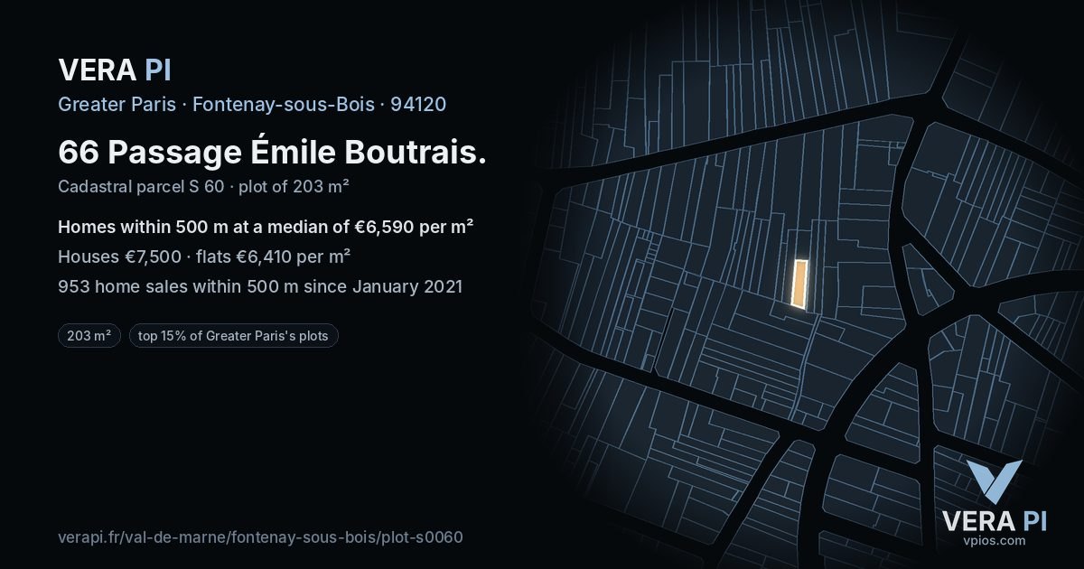 66 Passage Émile Boutrais, Fontenay-sous-Bois at night – the plot lit, the parcels around coloured by the prices near them