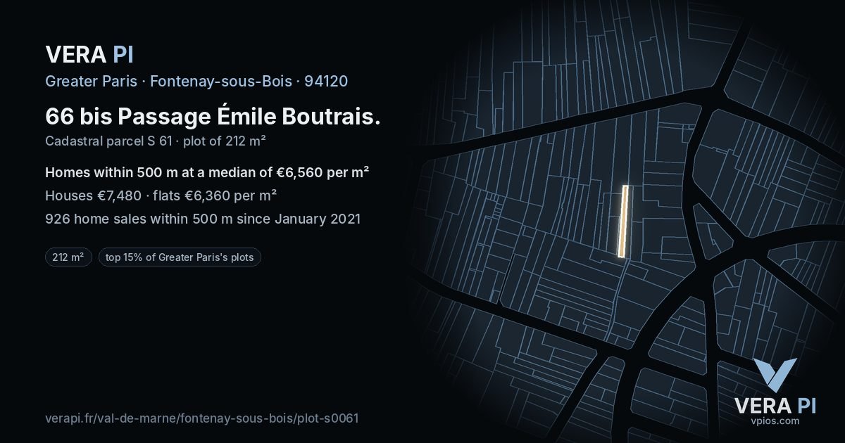 66 bis Passage Émile Boutrais, Fontenay-sous-Bois at night – the plot lit, the parcels around coloured by the prices near them
