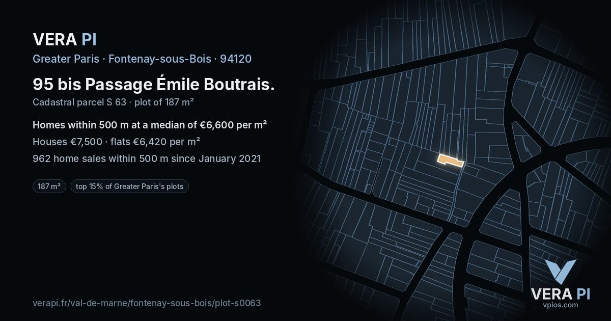 95 bis Passage Émile Boutrais, Fontenay-sous-Bois at night – the plot lit, the parcels around coloured by the prices near them