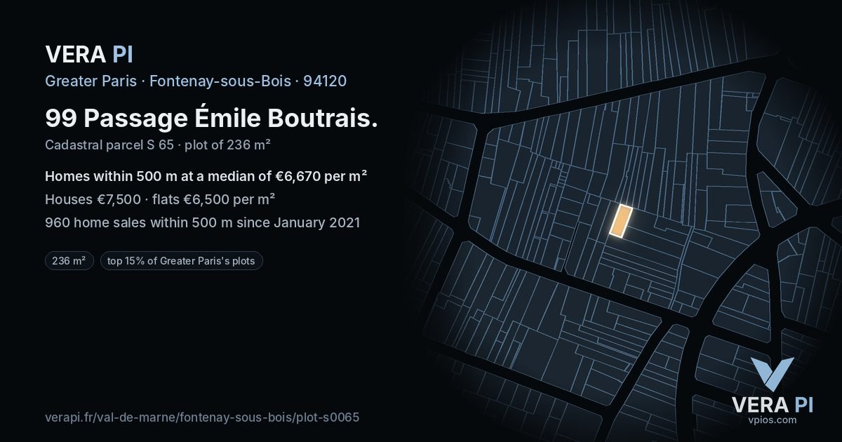 99 Passage Émile Boutrais, Fontenay-sous-Bois at night – the plot lit, the parcels around coloured by the prices near them