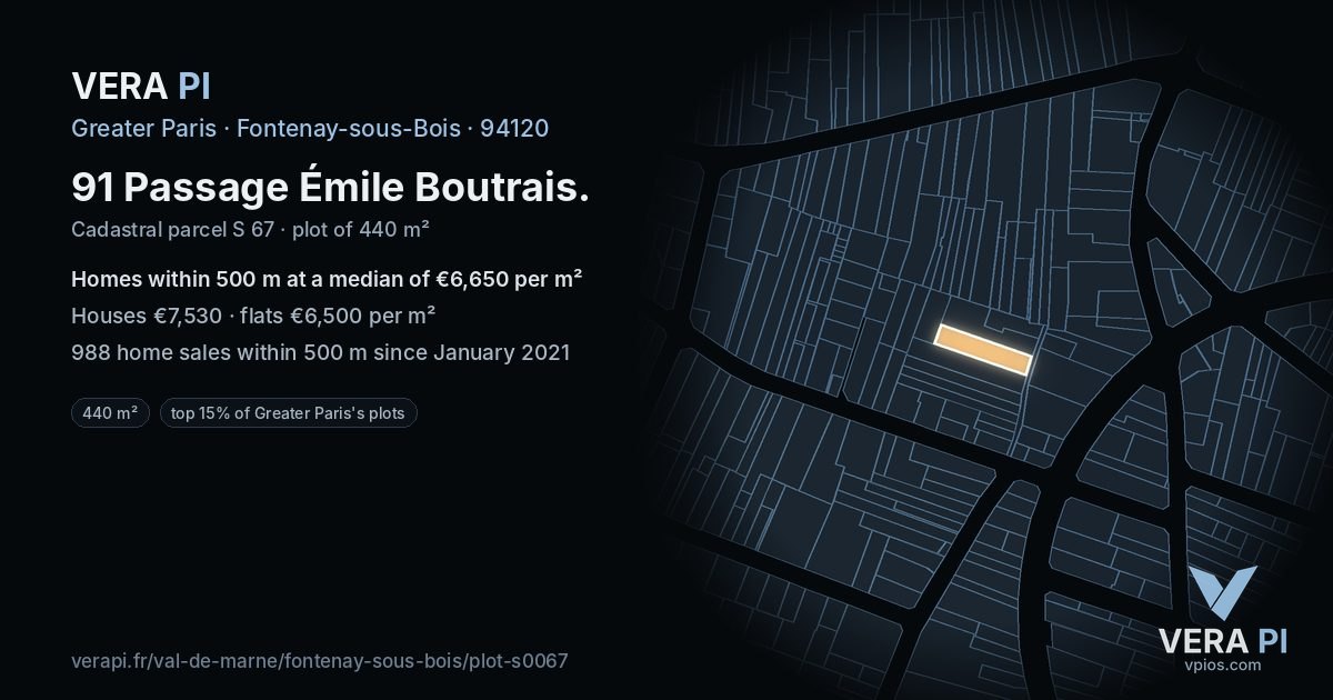 91 Passage Émile Boutrais, Fontenay-sous-Bois at night – the plot lit, the parcels around coloured by the prices near them