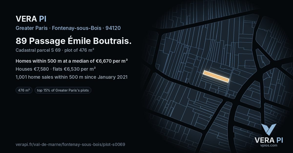 89 Passage Émile Boutrais, Fontenay-sous-Bois at night – the plot lit, the parcels around coloured by the prices near them