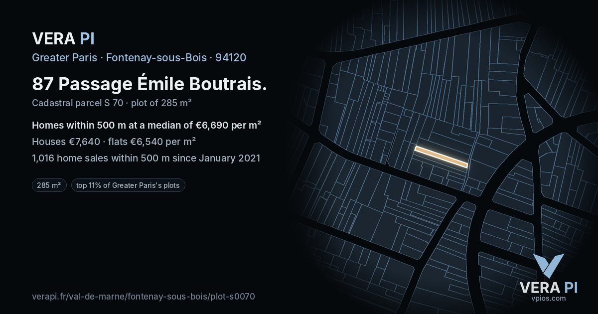 87 Passage Émile Boutrais, Fontenay-sous-Bois at night – the plot lit, the parcels around coloured by the prices near them