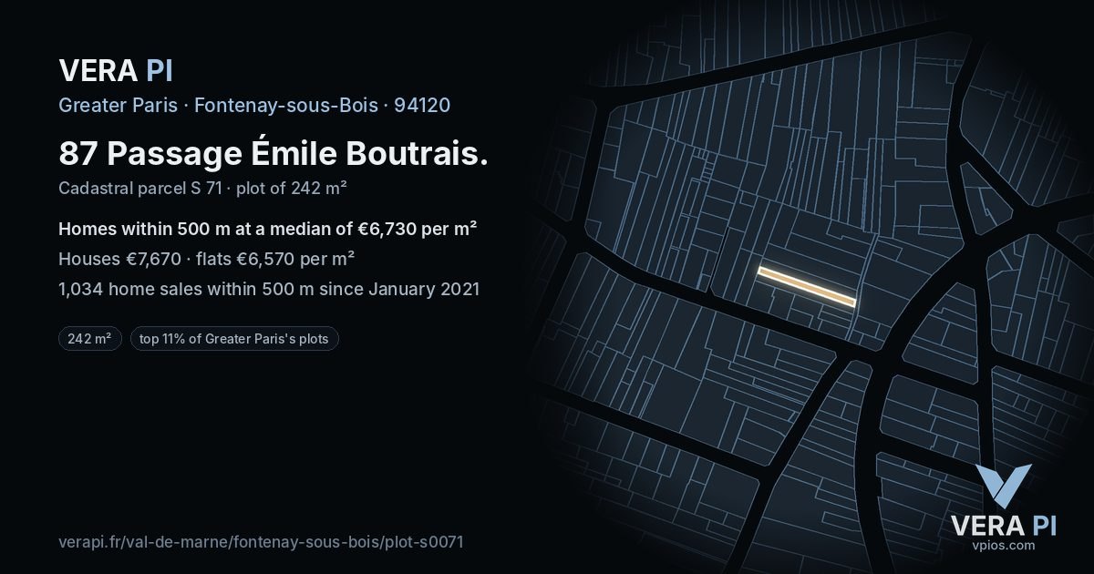 87 Passage Émile Boutrais, Fontenay-sous-Bois at night – the plot lit, the parcels around coloured by the prices near them