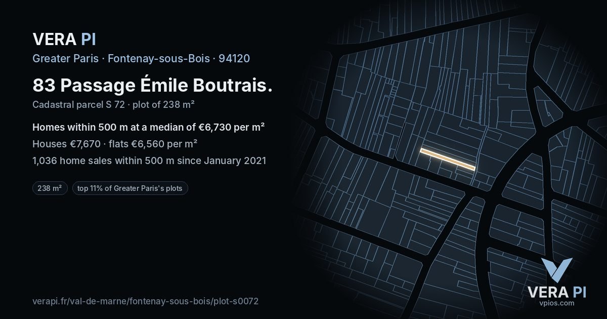 83 Passage Émile Boutrais, Fontenay-sous-Bois at night – the plot lit, the parcels around coloured by the prices near them