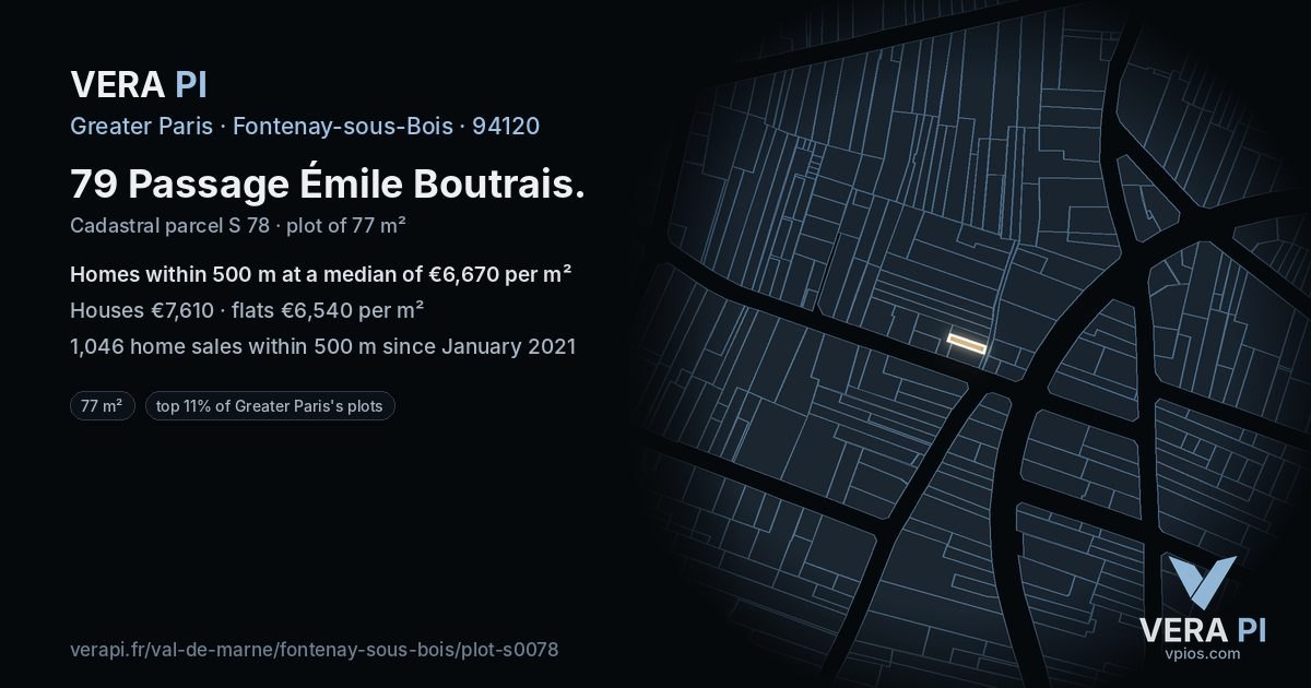 79 Passage Émile Boutrais, Fontenay-sous-Bois at night – the plot lit, the parcels around coloured by the prices near them