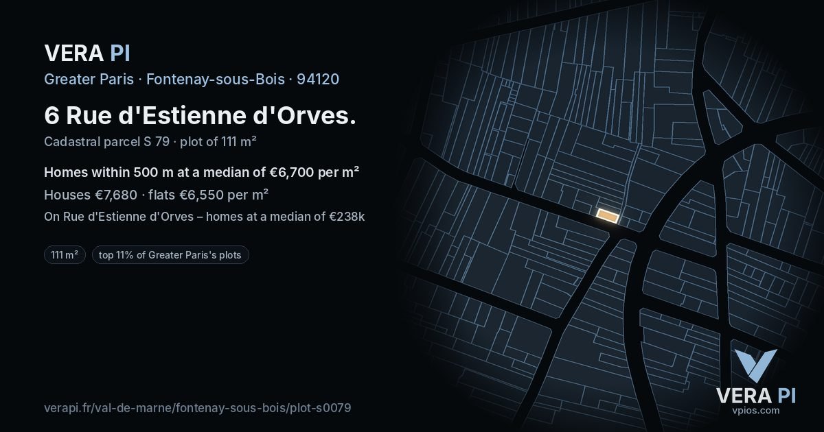 6 Rue d'Estienne d'Orves, Fontenay-sous-Bois at night – the plot lit, the parcels around coloured by the prices near them