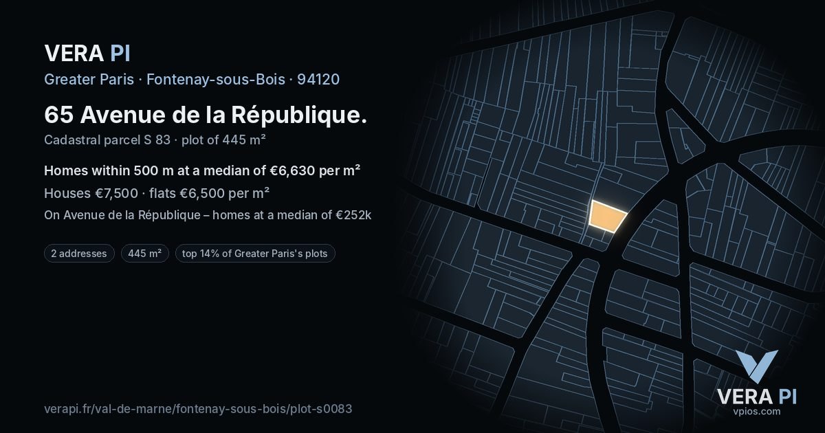 65 Avenue de la République, Fontenay-sous-Bois at night – the plot lit, the parcels around coloured by the prices near them