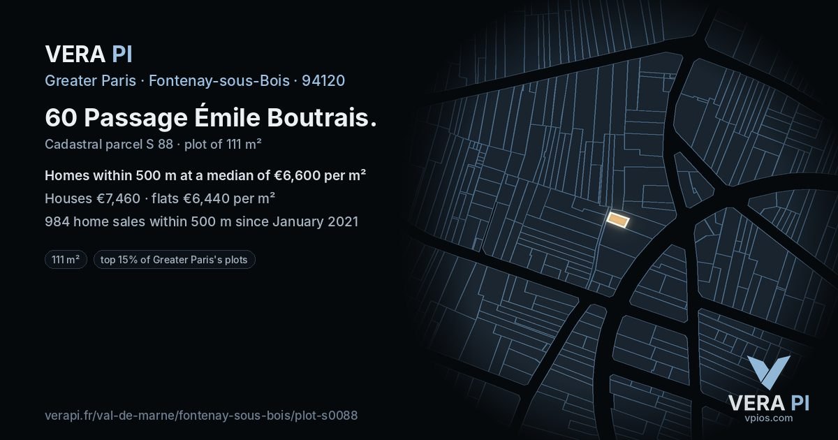 60 Passage Émile Boutrais, Fontenay-sous-Bois at night – the plot lit, the parcels around coloured by the prices near them