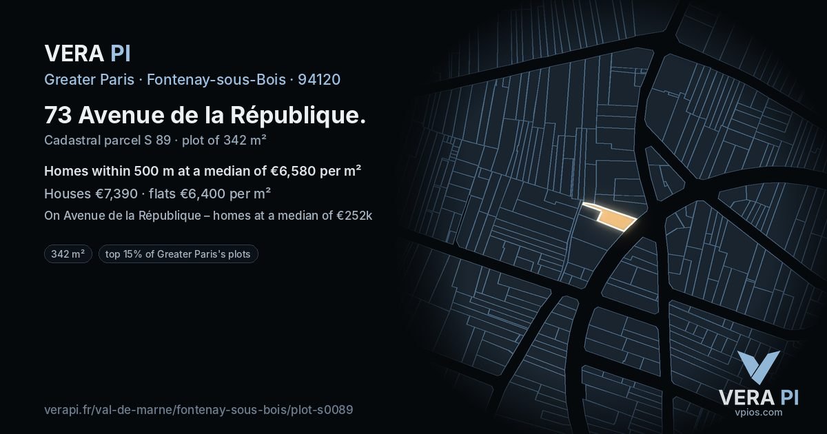 73 Avenue de la République, Fontenay-sous-Bois at night – the plot lit, the parcels around coloured by the prices near them