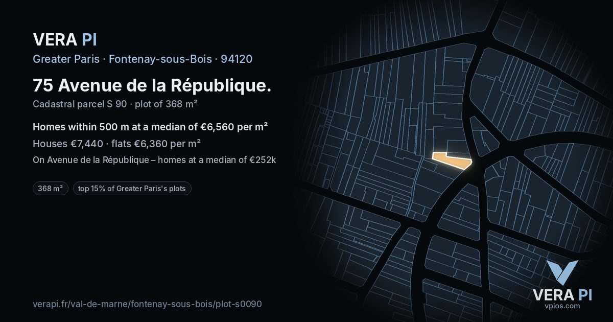75 Avenue de la République, Fontenay-sous-Bois at night – the plot lit, the parcels around coloured by the prices near them