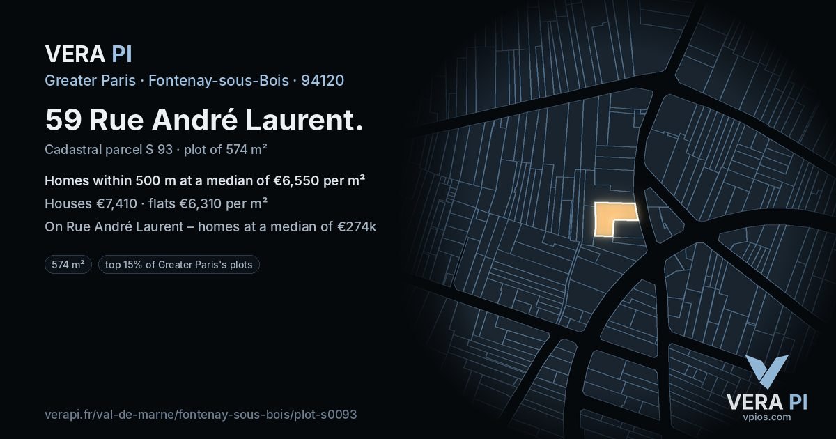 59 Rue André Laurent, Fontenay-sous-Bois at night – the plot lit, the parcels around coloured by the prices near them