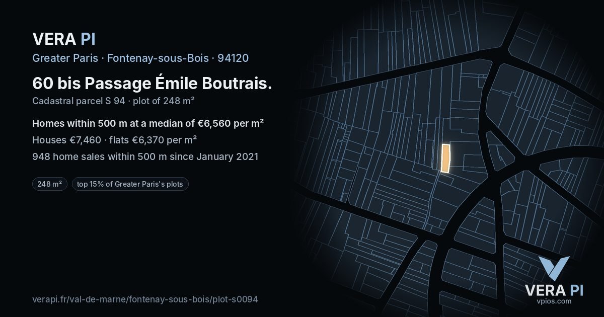 60 bis Passage Émile Boutrais, Fontenay-sous-Bois at night – the plot lit, the parcels around coloured by the prices near them