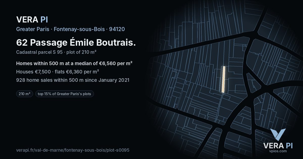 62 Passage Émile Boutrais, Fontenay-sous-Bois at night – the plot lit, the parcels around coloured by the prices near them