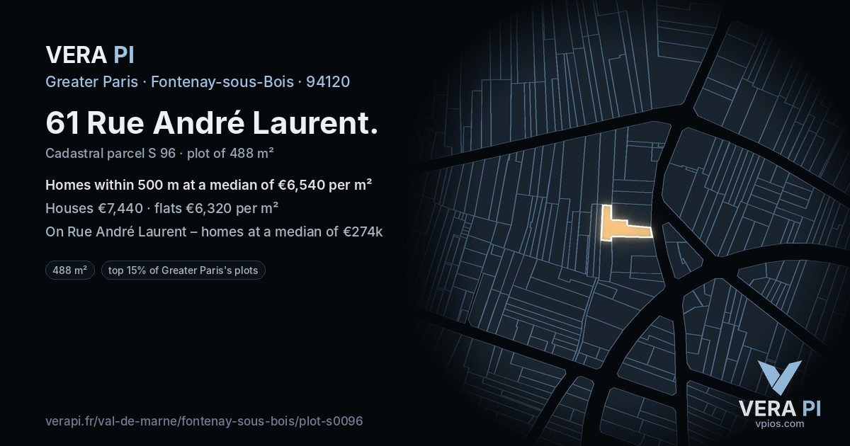 61 Rue André Laurent, Fontenay-sous-Bois at night – the plot lit, the parcels around coloured by the prices near them