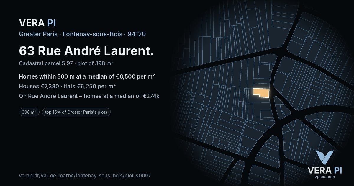63 Rue André Laurent, Fontenay-sous-Bois at night – the plot lit, the parcels around coloured by the prices near them