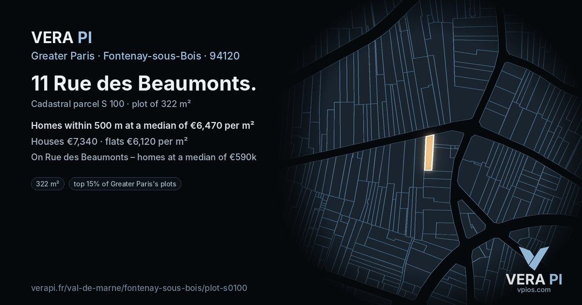 11 Rue des Beaumonts, Fontenay-sous-Bois at night – the plot lit, the parcels around coloured by the prices near them
