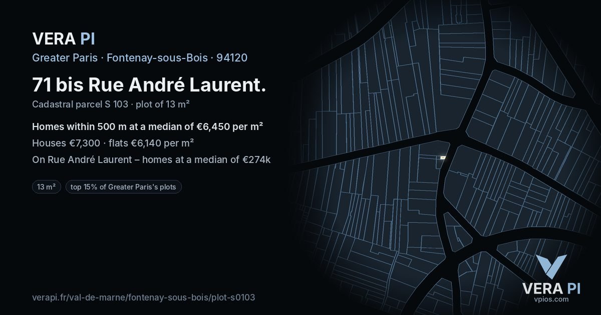 71 bis Rue André Laurent, Fontenay-sous-Bois at night – the plot lit, the parcels around coloured by the prices near them