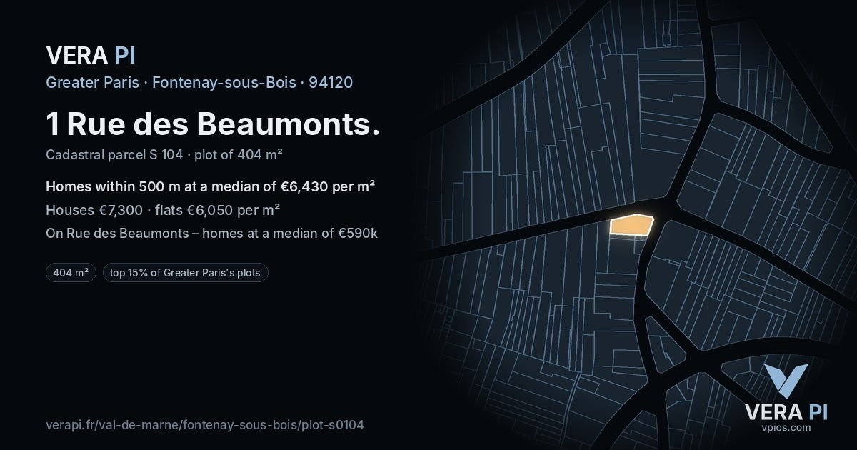 1 Rue des Beaumonts, Fontenay-sous-Bois at night – the plot lit, the parcels around coloured by the prices near them