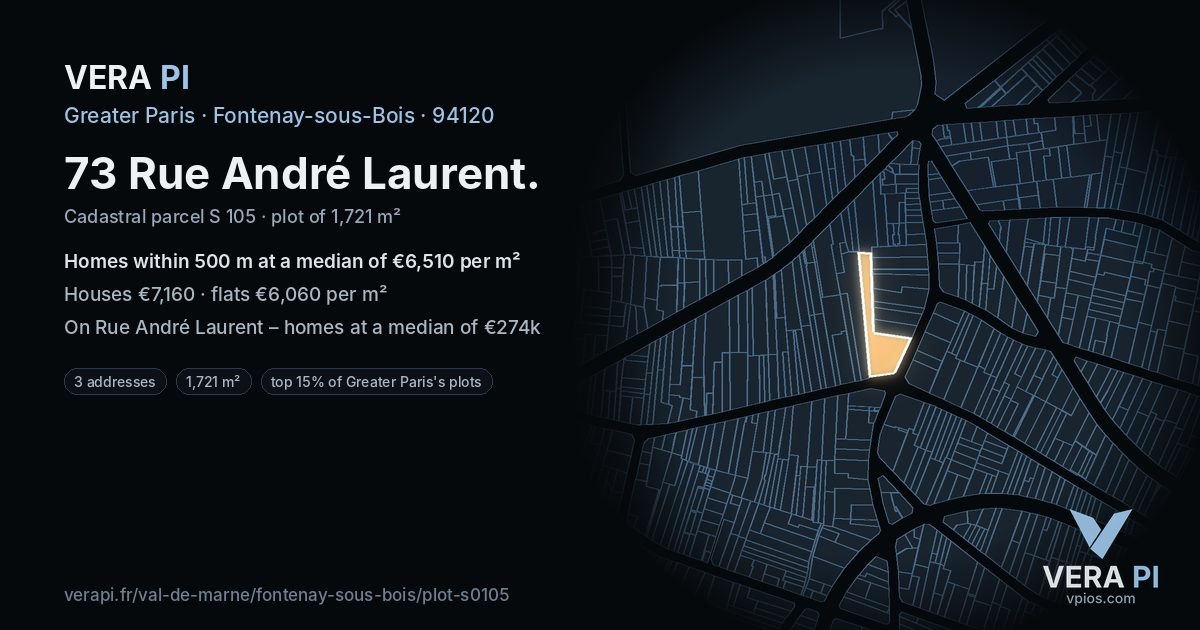 73 Rue André Laurent, Fontenay-sous-Bois at night – the plot lit, the parcels around coloured by the prices near them