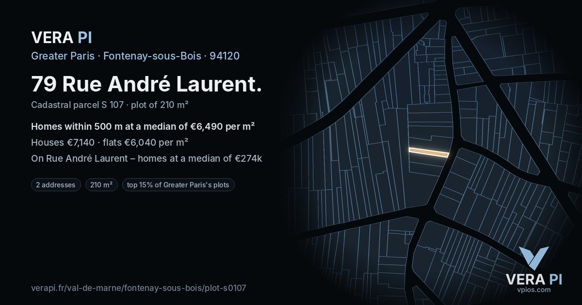 79 Rue André Laurent, Fontenay-sous-Bois at night – the plot lit, the parcels around coloured by the prices near them